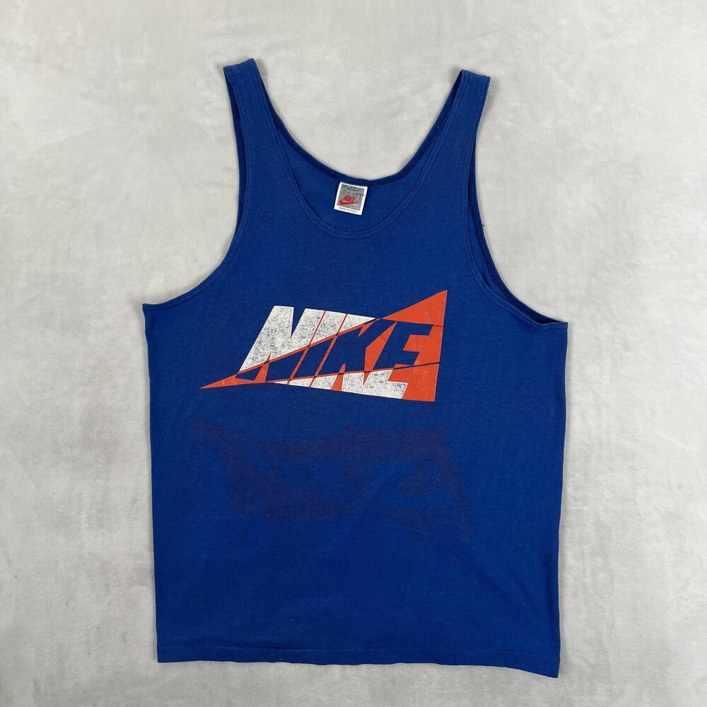 Vintage Nike Tank Top Mens XL Blue Big Graphic Logo Made USA Athletic 80s 90s
